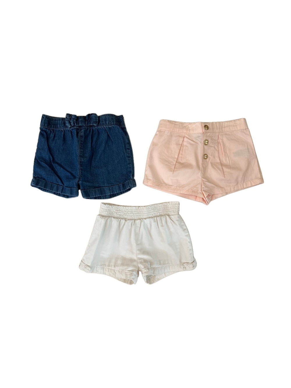 Girls' 2T Classic Shorts Bundle Trio in Denim, Blush Pink & White, Elastic Waist